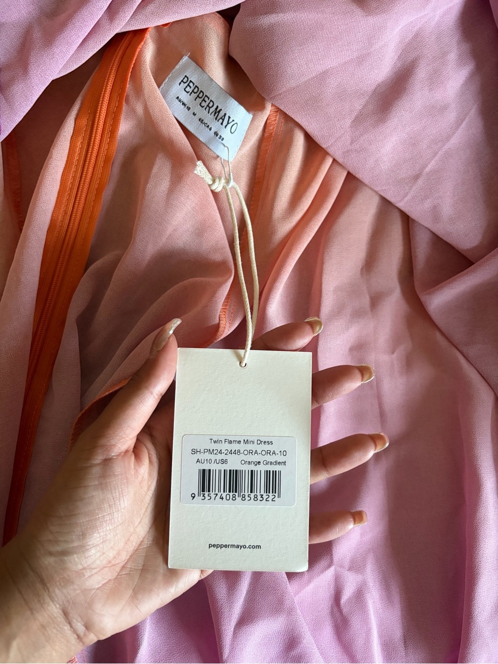 Peppermayo Pink to Orange Ombre High-Low Mini Dress with Floral appliqué - Picture 5 of 6